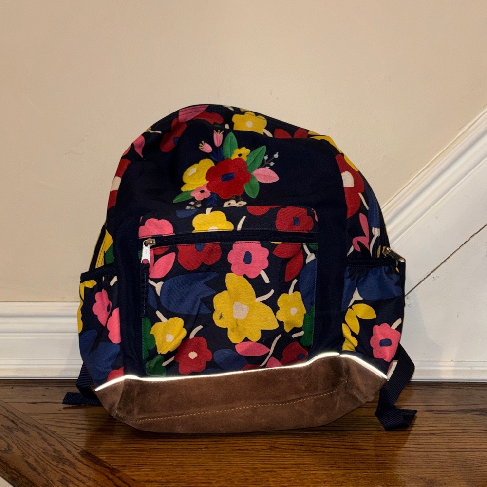 Hanna Andersson Navy Floral Backpack with Pink Yellow Red Green Accents